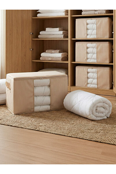 NACAREV 4 Adet Mega Boy Pencereli Krem Çizgi Desenli Yastık Yorgan Hurcu Seti...