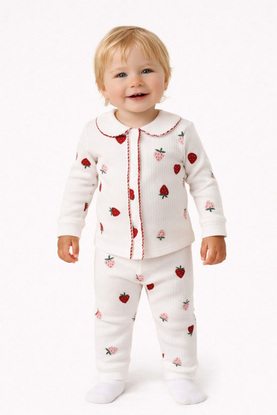 BUUFUU Çilek Baskılı Bebek Yenidogan Çocuk Kiz Erkek Pamuklu Oyali Pijama Tak...