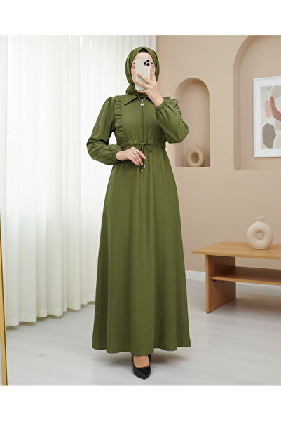 Modamorfo Önü Fırfırlı Yarım Düğmeli Tünel Bağcıklı Elbise -Yağ Yeşili