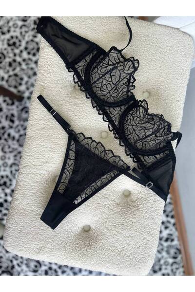 Black Lace Underwire Bralet Set Bra & Adjustable Thong Underwear Set