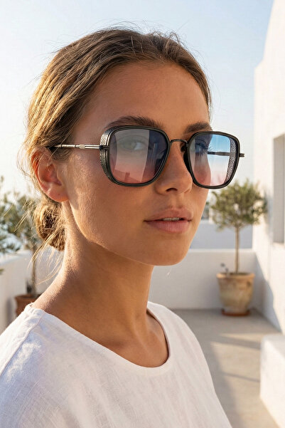 Kapin Beran Kare Metal Kenarlı Güneş Gözlüğü - Mavi Hardal