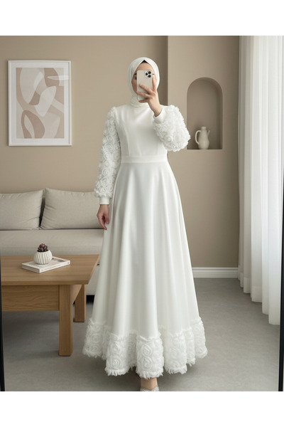 Modamorfo فستان سهرة من الساتان مع تنورة وأكمام مزينة بالورود - أبيض