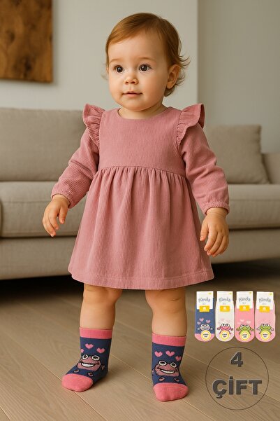 Onouqo 4 Pairs Patterned Non-Slip Sole Baby Socks Set - Cotton, Soft & Anti-S...