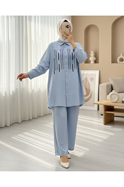 Modamorfo Set de lenjerie Sofia cu pantaloni cu paiete și paiete cu nasturi în față - Bebe Blue