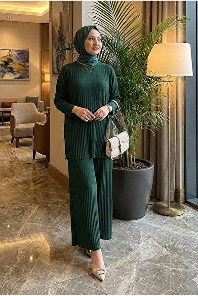 modamira Kadın Sandy zümrüt yeşili Komple Piliseli Tunik Pantolon Tesettür İk...