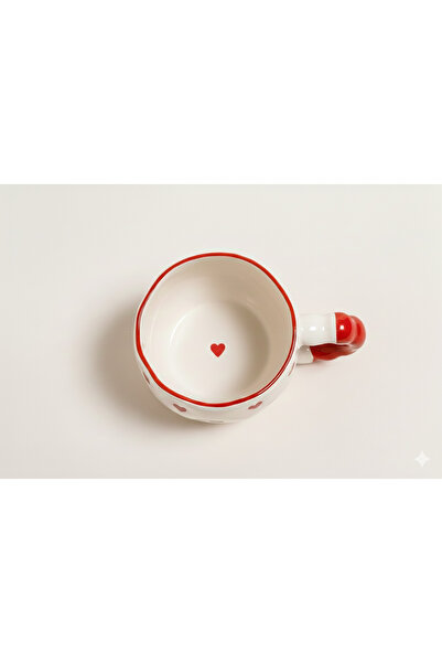 Çağ Seramik Kalp Desenli El Yapımı Seramik Kupa – Kırmızı Kulplu Krem Kahve K...