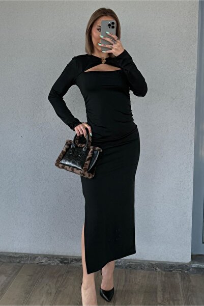 Fav Style Women's Cut Out Detailed Long Sleeve Slit Long Dress Black