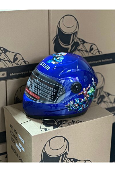 JK20 LACİVERT SÜPERKAHRAMAN ÇOCUK KASKI / 7-12 YAŞ ÇOCUKLAR İÇİN SÜPERKAHRAMANLI MOTOSİKLET KASKI