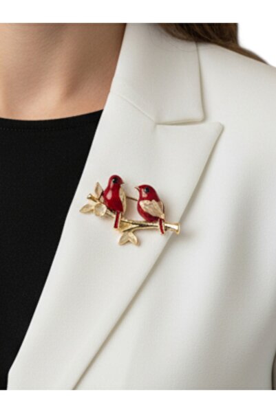 MODAMİRA AKSESUAR İki Kuş Figürlü Mineli Broş – Çiçekli Dal Tasarımı – Zarif ...