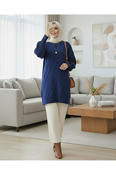 Modamorfo Baklava Patterned Soft Knit Tunic - Navy