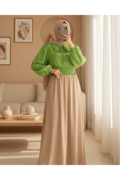 Modamorfo Блуза з еластичним поясом, довгими рукавами та коміром-стійкою - зелена