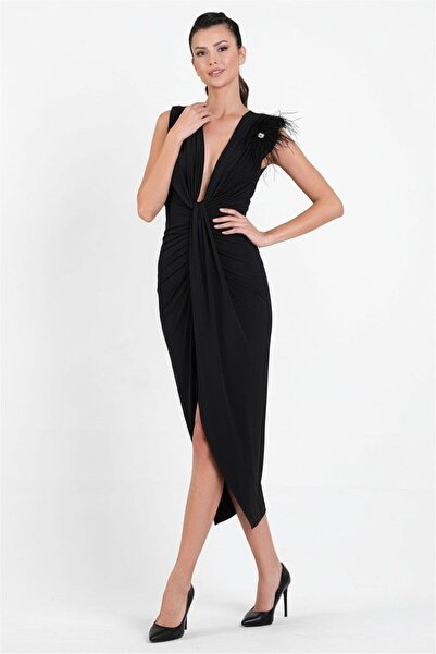 Spazio Onisto Omuz Pileli Önü Derin V Uzun Abiye Elbise SİYAH