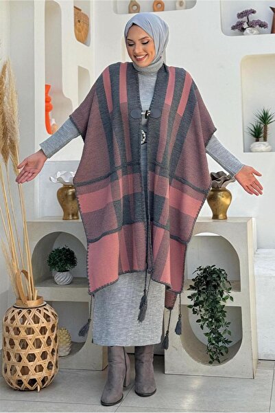 TRENDTESETTÜR KADIN GRİ (FÜME) DESENLİ TRİKO PANÇO T 31021