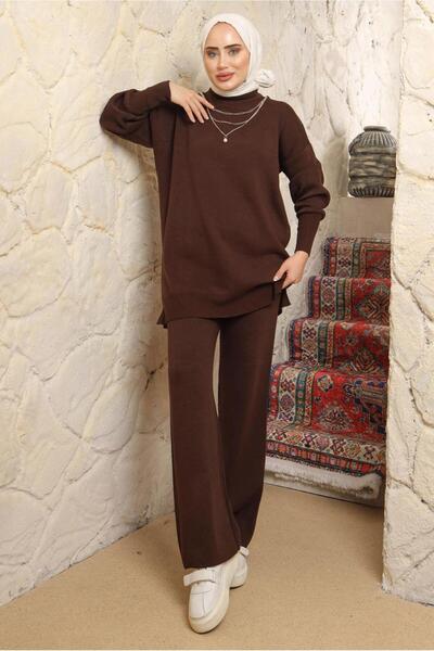 TRENDTESETTÜR KADIN KAHVE ZİNCİR DETAYLI PANTOLONLU TAKIM T 8058