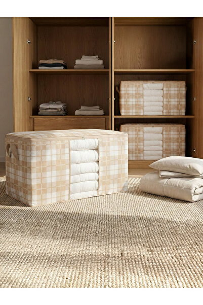 NACAREV 3 Adet Büyük Boy Pencereli Bej Kare Desenli Ekose Yastık Yorgan Düzen...