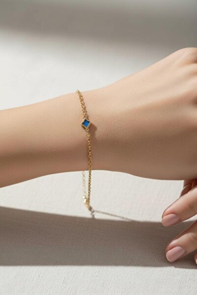 Çgk Çiğdem Gürel Kuyumculuk ÇGK Kadın Mavi Yonca Motifli Altın Bileklik-Hediy...