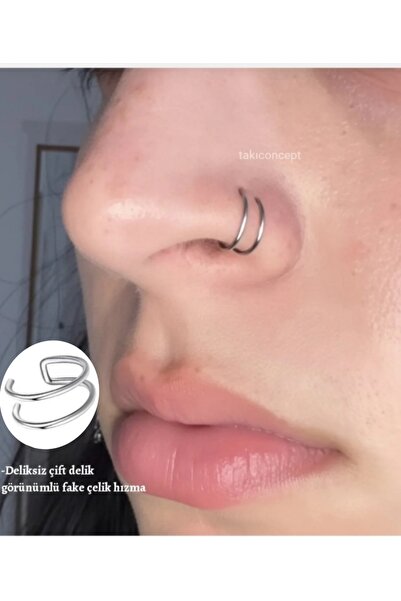 TakıConcept Deliksiz Çelik Sıkıştırmalı Çift Delik Görünümlü Fake Hızma Delik...