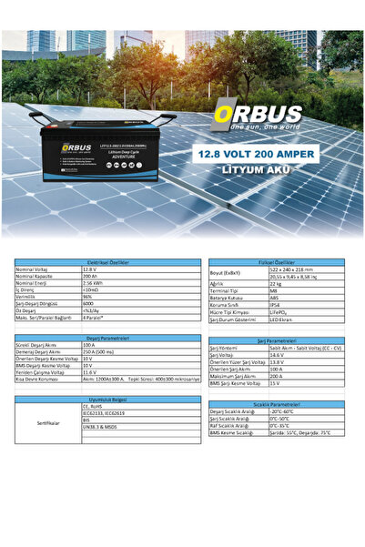 ORBUS 12.8 V Volt 200 Ah Amper 2560 Wh Lityum Batarya LiFePO4 Lityum Akü