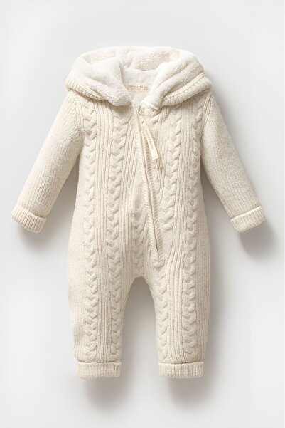Nipperland Çaren Kids- Saç Örgü Motif Fermuar Kapama İçi Kürk Astar Unisex Kapüşonlu Bebek Triko Tulum