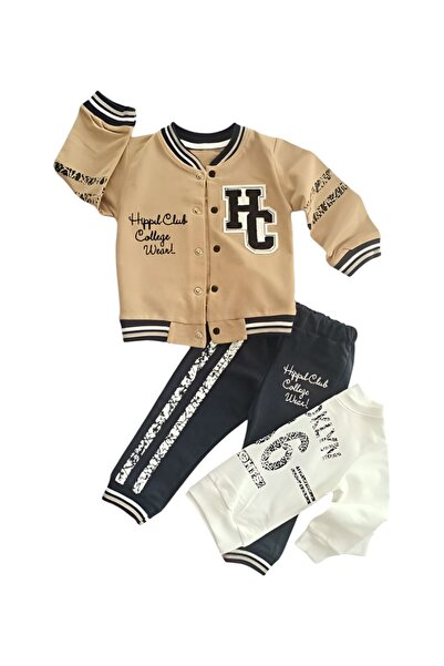 Hippıl Baby Çaren Kids - Комплект от 3 части за момчета - жилетка с яка тип бомбър, тик-так и емблема отпред, суитшърт и спортен панталон