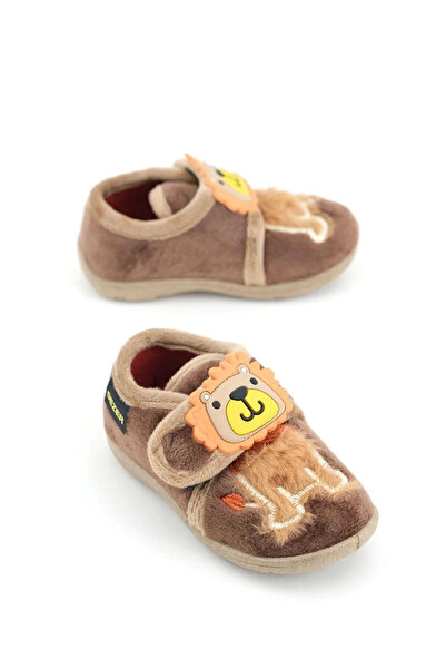 GEZER Chlapecké zimní měkké domácí pantofle s motivem lva na suchý zip hnědé