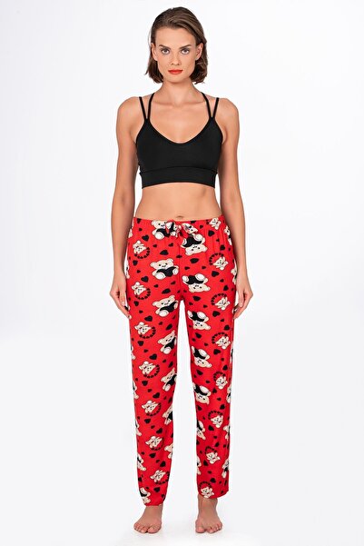 Kompedan Kadın Süet Kalpli Ayıcık Desenli Pijama Tek Alt