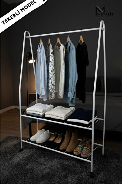 METALİZ YENİLİKÇİ TASARIMLAR Beyaz Metal Konfeksiyon Askısı Tekerlekli, Çift ...
