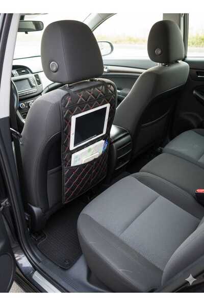MYS FLEX Quilted Black Red Embroidered Leather Car Seat Back Organizer Car Seat Back Organizer