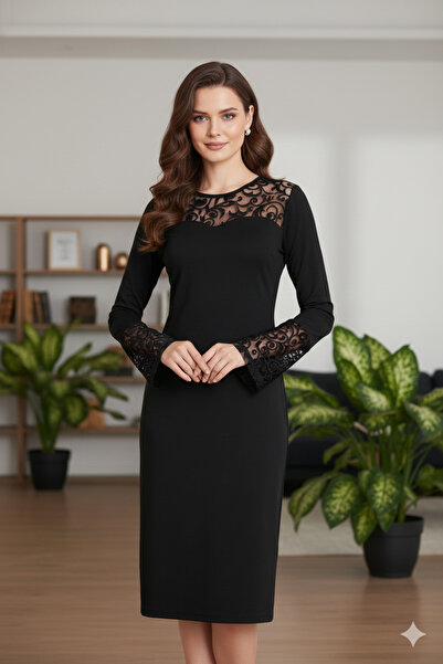 sharin Kadın İspanyol Dantel Kol Siyah Midi Elbise 10C-1097