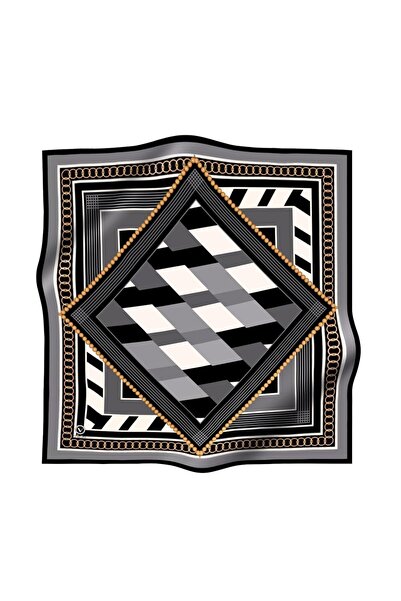 VİOLLA Soft Geometrik Desenli Gri Renkli 90x90 Eşarp (İpek İçermez) Kenar Dik...