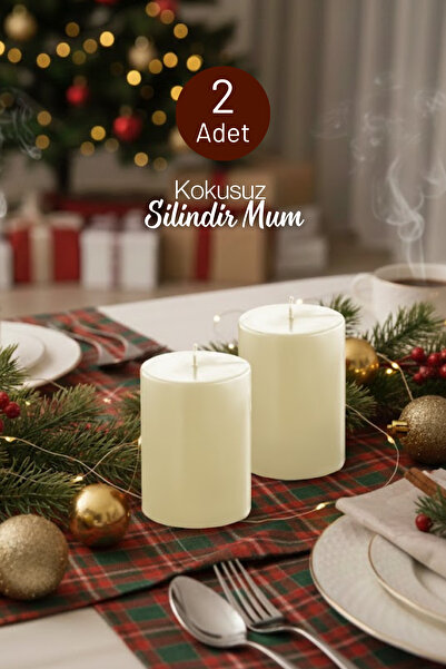grimorlife 2 Adet Silindir Dekoratif Yılbaşı Yeni Yıl Kokusuz Krem Mum- Hediy...