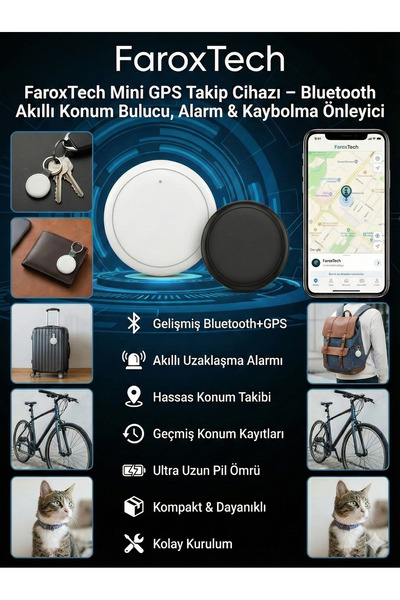 FaroxTech Mini GPS Takip Cihazı – Bluetooth Akıllı Konum Bulucu, Alarm & Kayb...
