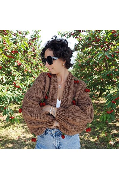 ORGANICMIRA Kadın Kirazlı Ceket Oversize Crop Hırka Salaş Kiraz Süslü Mont