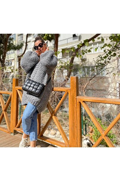 ORGANICMIRA Kadın Oversize Gri Hırka Kaban Salaş Ceket