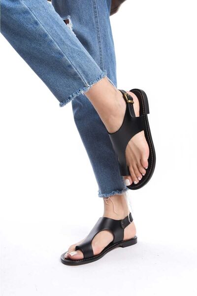 BODRUMLU SİNCE 1941 KONİK HAKİKİ DERİ EL YAPIMI KADIN DÜZ SANDALET