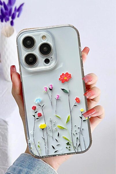 3GEN CASE İphone 15 Pro Max Kılıf Tatlı Çiçekler Desenli Şeffaf Silikon Kılıf