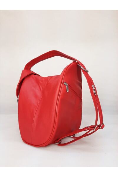 Şimşek Çanta Kadın Kırmızı Hakiki Deri Çift Fermuarlı Sırt Çantası