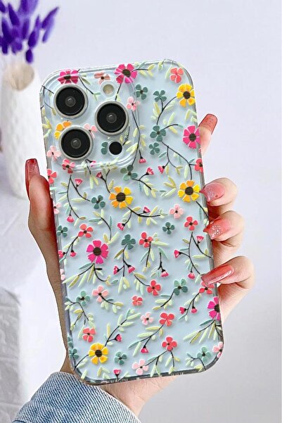 3GEN CASE İphone 15 Pro Max Kılıf Tatlı Çiçekler Desenli Şeffaf Silikon Kılıf