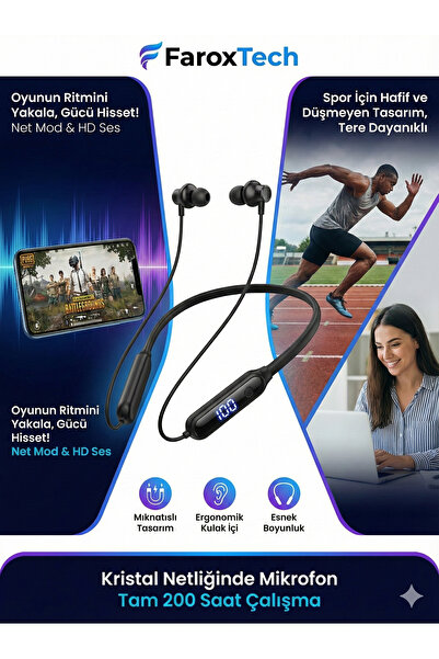 FaroxTech Mıknatıslı Boyun Askılı Spor Kulaklık - Terlemeye Dayanıklı & Dijit...