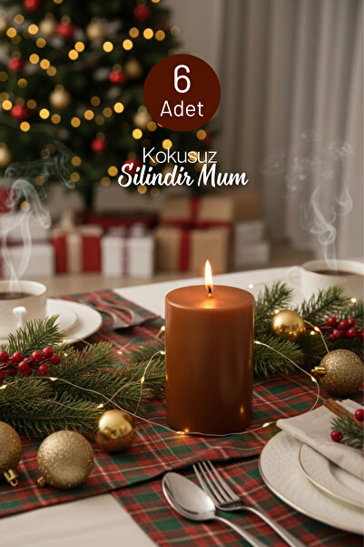 grimorlife 6 Adet Silindir Dekoratif Kokusuz Kahverengi Mum- Yeni Yıl Yılbaşı...