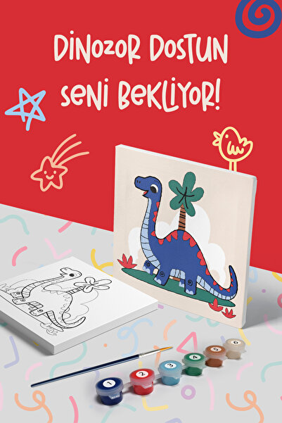 Mind & Play Dinozor Temalı Çocuk Tuval Boyama Seti | Tuval + 6 Renk Akrilik B...