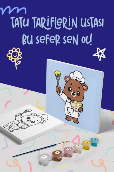 Mind & Play Şef Ayı Temalı Çocuk Tuval Boyama Seti | Tuval + 6 Renk Akrilik B...