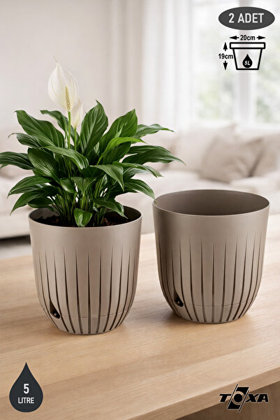 ToXA 2 Adet Çizgi Saksı Seti 5 Litre Plastik Delikli Tabaklı Çiçek Saksısı Set