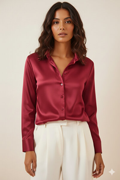 hazelin Kadın Bordo Hafif Dökümlü Saten Yüzeyli Gömlek Hzl22w-bd139641