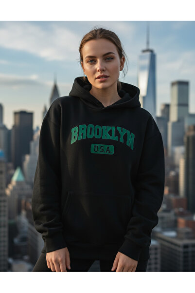 RPT MODA سويت شيرت بروكلين أخضر كبير الحجم بطباعة مفصلة وغطاء للرأس