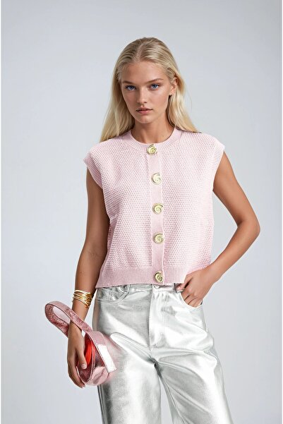 Lijuri Pink Helios Gold Buttoned Knitwear Sweater Vest -Pink