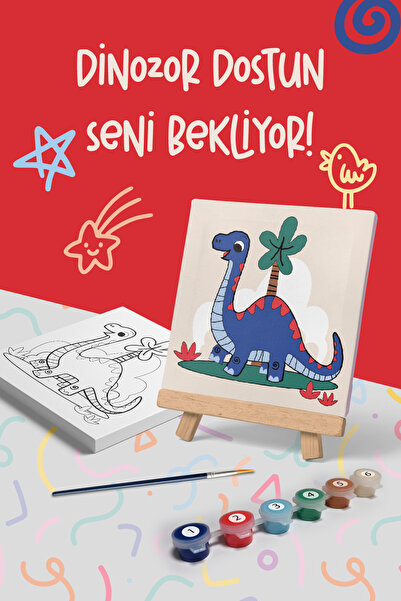 Mind & Play Dinozor Temalı Çocuk Şövale Tuval Boyama Seti | Ahşap Şövale+Tuval+6 Renk Akrilik Boya+Fırça