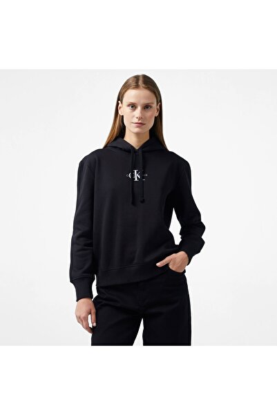 Calvin Klein Kadın MONOLOGO REGULAR HOODIE Sweatshirt-Siyah