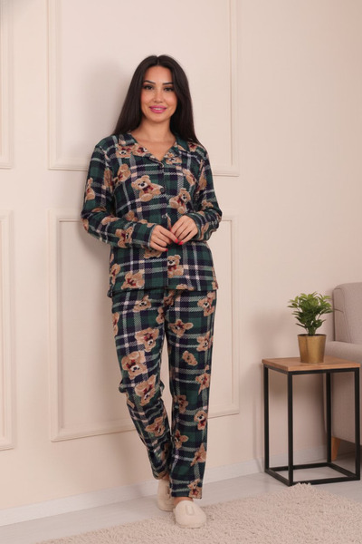 Niket Life Γυναικείο σετ πιτζάμες από σουέτ με κουμπιά μπροστά με σχέδιο αρκο...