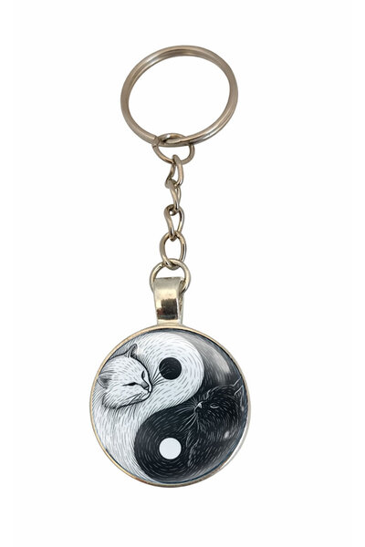 YingYang Kedi Anahtarlık, Kedili Anahtarlık, Cam Kaplama Kedi Anahtarlık
